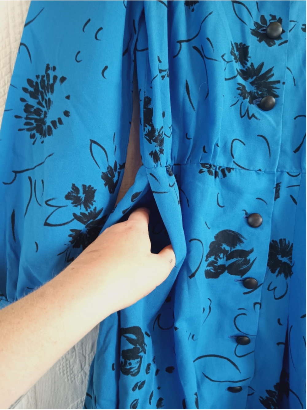 80s Button down Midi shirt Dress electric Blue Black floral vintage secretary M - Picture 12 of 16